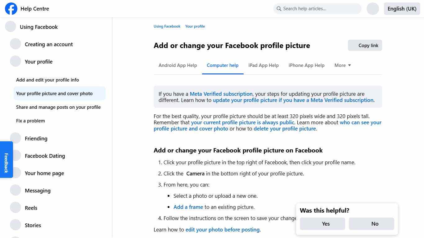 Add or change your Facebook profile picture Facebook Help Centre